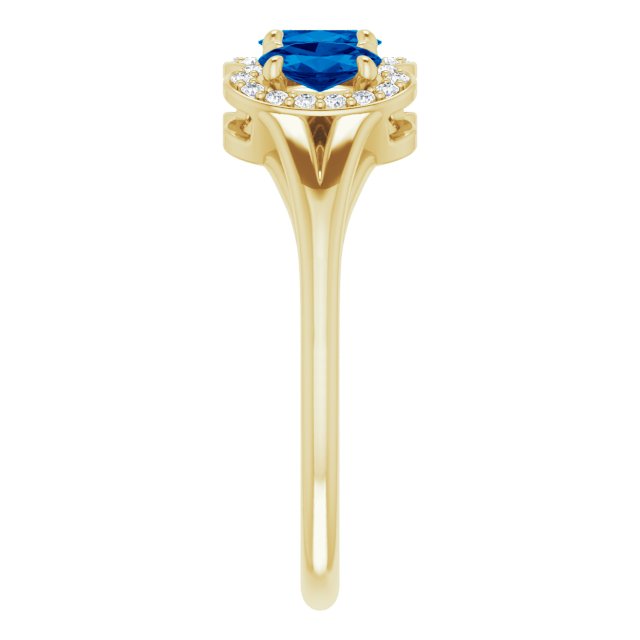 14K Gold Oval Lab-Grown Blue Sapphire & Natural Diamond Halo-Style Three-Stone Ring - Yellow Gold - view 4
