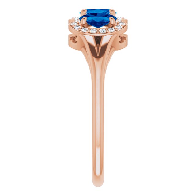 14K Gold Oval Lab-Grown Blue Sapphire & Natural Diamond Halo-Style Three-Stone Ring - Rose Gold - view 4