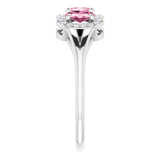 Platinum Oval Natural Pink Tourmaline & Natural Diamond Halo-Style Three-Stone Ring - view 4