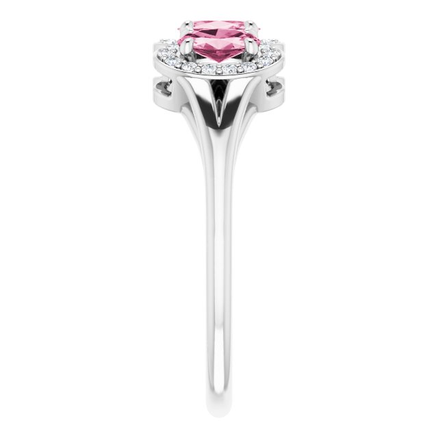 Platinum Oval Natural Pink Tourmaline & Natural Diamond Halo-Style Three-Stone Ring - view 4