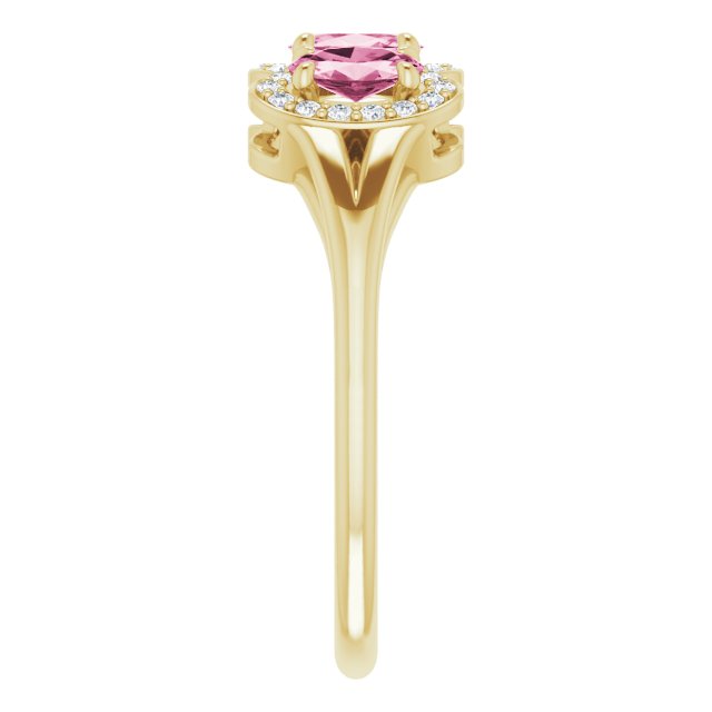 14K Gold Oval Natural Pink Tourmaline & Natural Diamond Halo-Style Three-Stone Ring - Yellow Gold - view 4
