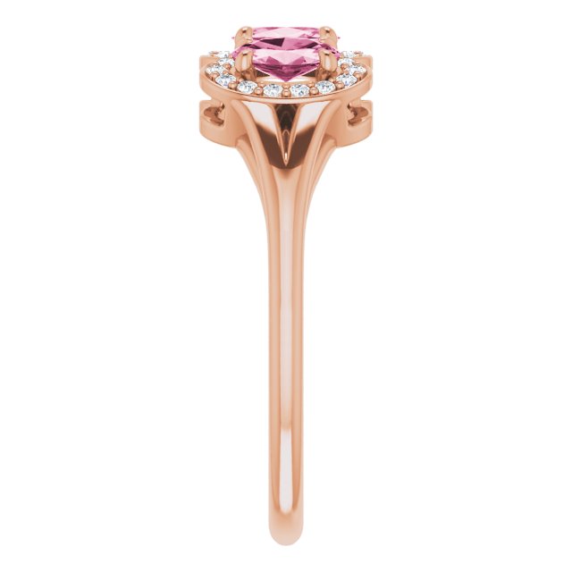 14K Gold Oval Natural Pink Tourmaline & Natural Diamond Halo-Style Three-Stone Ring - Rose Gold - view 4