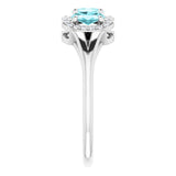 Platinum Oval Natural Blue Zircon & Natural Diamond Halo-Style Three-Stone Ring - view 4