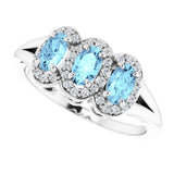 Platinum Oval Natural Aquamarine & Natural Diamond Halo-Style Three-Stone Ring - view 5