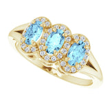14K Gold Oval Natural Aquamarine & Natural Diamond Halo-Style Three-Stone Ring - Yellow Gold - view 5