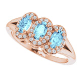 14K Gold Oval Natural Aquamarine & Natural Diamond Halo-Style Three-Stone Ring - Rose Gold - view 5