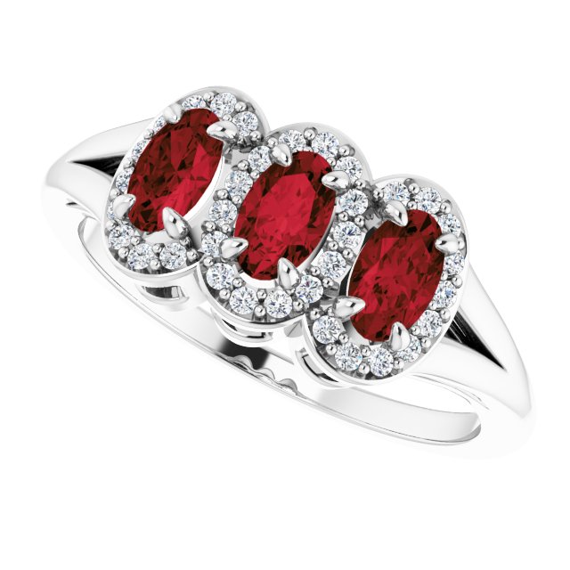 Platinum Oval Natural Mozambique Garnet & Natural Diamond Halo-Style Three-Stone Ring – 5x3mm - view 5