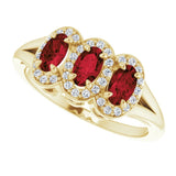 14K Gold Oval Natural Mozambique Garnet & Natural Diamond Halo-Style Three-Stone Ring – 5x3mm - Yellow Gold - view 5