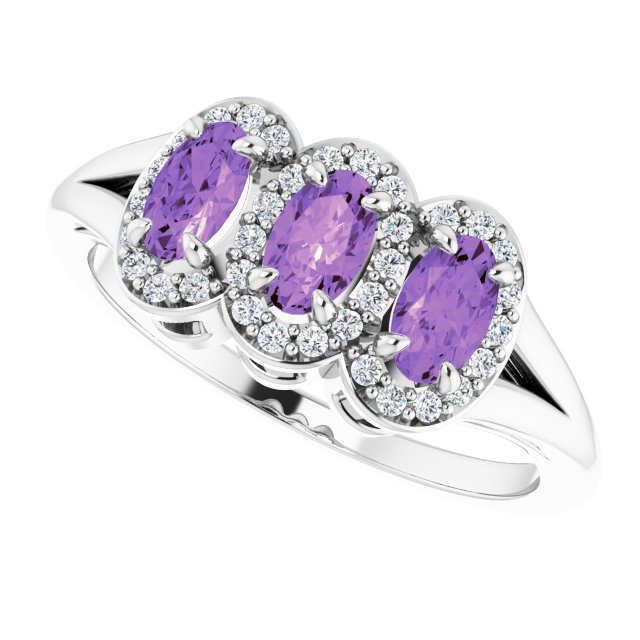 Platinum Oval Natural Amethyst & Natural Diamond Halo-Style Three-Stone Ring - view 5