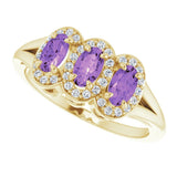 14K Gold Oval Natural Amethyst & Natural Diamond Halo-Style Three-Stone Ring - Yellow Gold - view 5