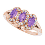 14K Gold Oval Natural Amethyst & Natural Diamond Halo-Style Three-Stone Ring - Rose Gold - view 5