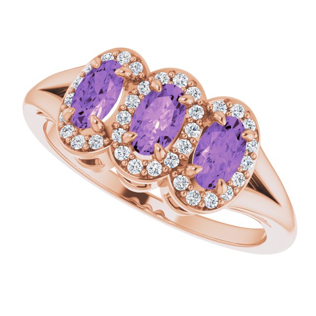 14K Gold Oval Natural Amethyst & Natural Diamond Halo-Style Three-Stone Ring - Rose Gold - view 5