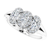 Platinum Oval Natural White Sapphire & Natural Diamond Halo-Style Three-Stone Ring - view 5
