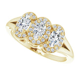 14K Gold Oval Natural White Sapphire & Natural Diamond Halo-Style Three-Stone Ring - Yellow Gold - view 5