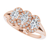 14K Gold Oval Natural White Sapphire & Natural Diamond Halo-Style Three-Stone Ring - Rose Gold - view 5