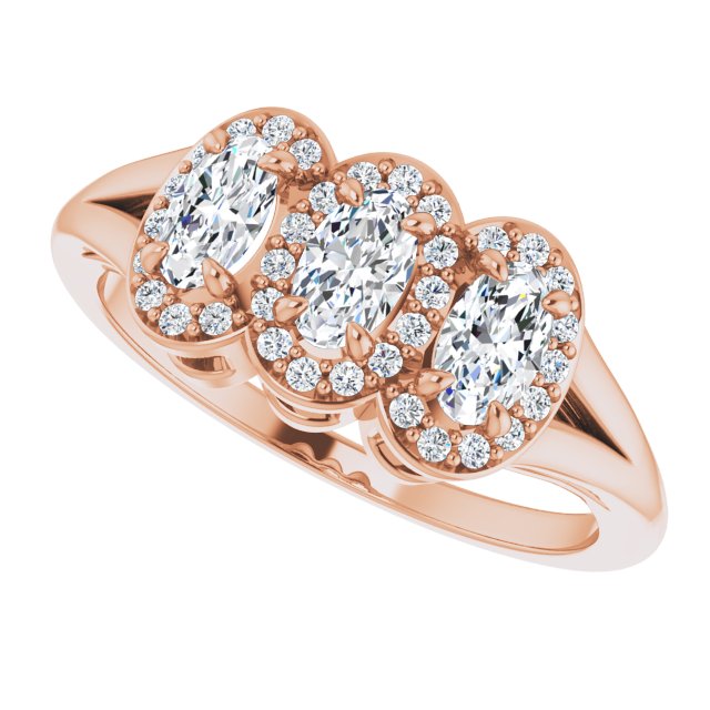 14K Gold Oval Natural White Sapphire & Natural Diamond Halo-Style Three-Stone Ring - Rose Gold - view 5