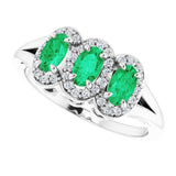 14K Gold Oval Lab-Grown Emerald & Natural Diamond Halo-Style Three-Stone Ring - White Gold - view 5