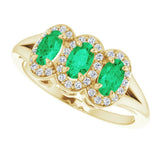14K Gold Oval Lab-Grown Emerald & Natural Diamond Halo-Style Three-Stone Ring - Yellow Gold - view 5