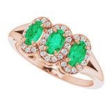 14K Gold Oval Lab-Grown Emerald & Natural Diamond Halo-Style Three-Stone Ring - Rose Gold - view 5