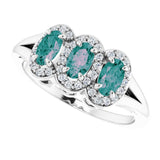 14K Gold Oval Lab-Grown Alexandrite & Natural Diamond Halo-Style Three-Stone Ring - White Gold - view 5