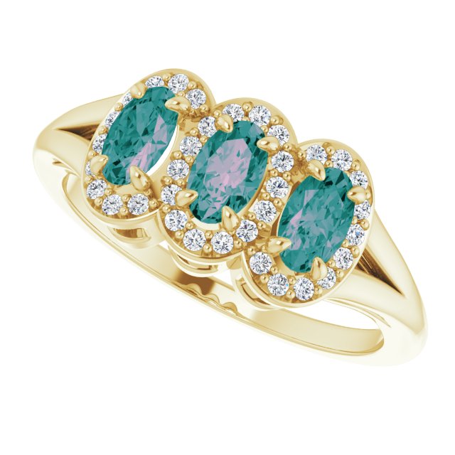 14K Gold Oval Lab-Grown Alexandrite & Natural Diamond Halo-Style Three-Stone Ring - Yellow Gold - view 5