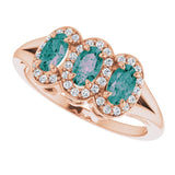 14K Gold Oval Lab-Grown Alexandrite & Natural Diamond Halo-Style Three-Stone Ring - Rose Gold - view 5