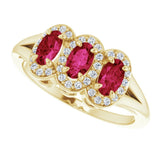 14K Gold Oval Natural Ruby & Natural Diamond Halo-Style Three-Stone Ring - Yellow Gold - view 5