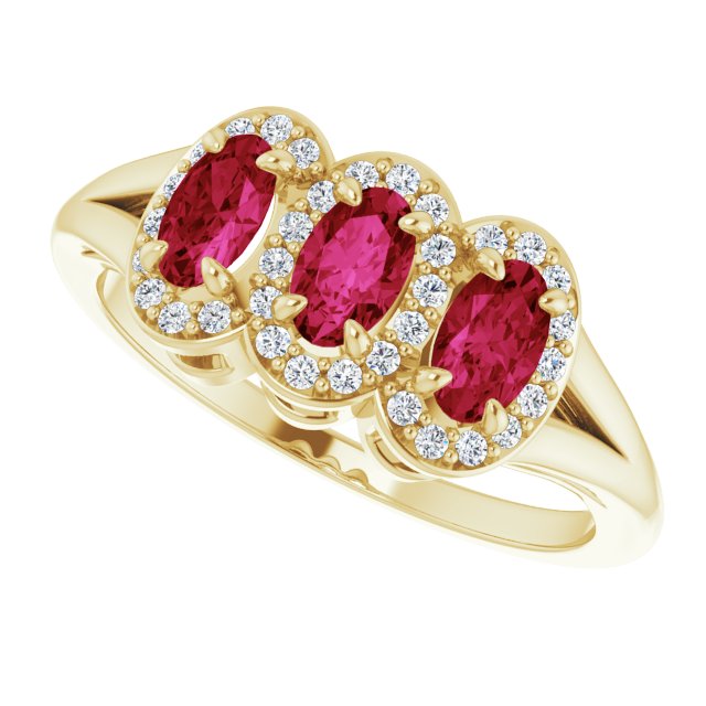 14K Gold Oval Natural Ruby & Natural Diamond Halo-Style Three-Stone Ring - Yellow Gold - view 5