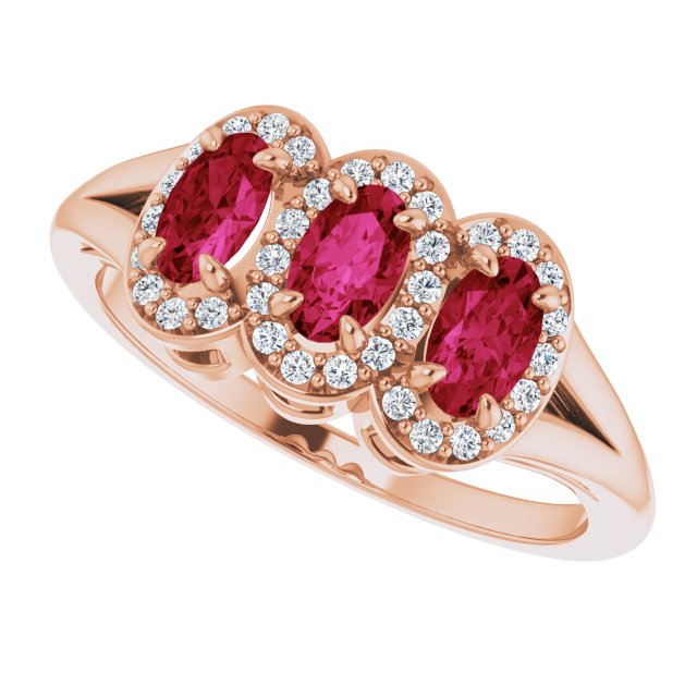 14K Gold Oval Natural Ruby & Natural Diamond Halo-Style Three-Stone Ring - Rose Gold - view 5