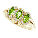14K Gold Oval Natural Peridot & Natural Diamond Halo-Style Three-Stone Ring - Yellow Gold - view 5