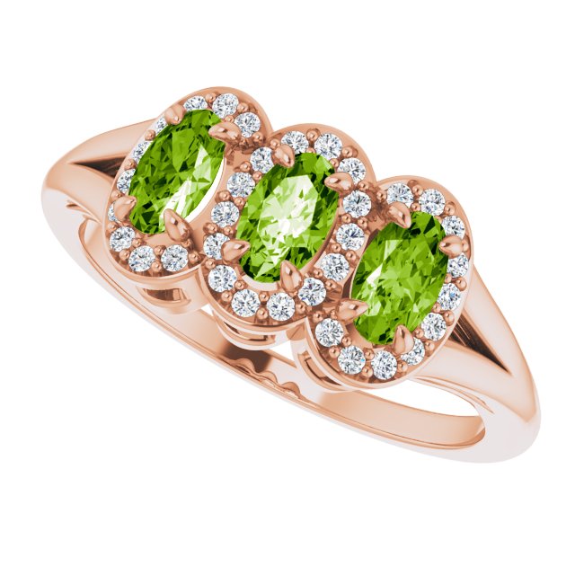 14K Gold Oval Natural Peridot & Natural Diamond Halo-Style Three-Stone Ring - Rose Gold - view 5