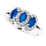 14K Gold Oval Natural Blue Sapphire & Natural Diamond Halo-Style Three-Stone Ring - White Gold - view 5