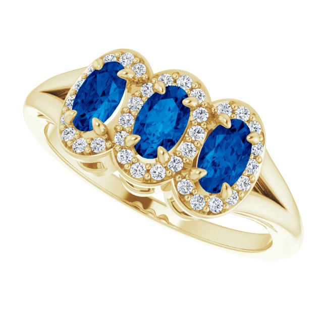 14K Gold Oval Natural Blue Sapphire & Natural Diamond Halo-Style Three-Stone Ring - Yellow Gold - view 5