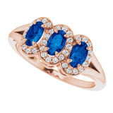 14K Gold Oval Natural Blue Sapphire & Natural Diamond Halo-Style Three-Stone Ring - Rose Gold - view 5