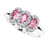 14K Gold Oval Natural Pink Tourmaline & Natural Diamond Halo-Style Three-Stone Ring - White Gold - view 5
