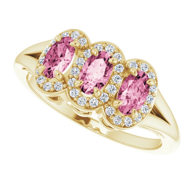 14K Gold Oval Natural Pink Tourmaline & Natural Diamond Halo-Style Three-Stone Ring - Yellow Gold - view 5