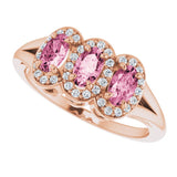 14K Gold Oval Natural Pink Tourmaline & Natural Diamond Halo-Style Three-Stone Ring - Rose Gold - view 5