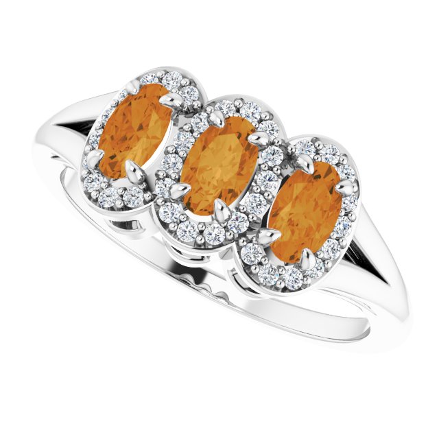 14K Gold Oval Natural Citrine & Natural Diamond Halo-Style Three-Stone Ring - White Gold - view 5