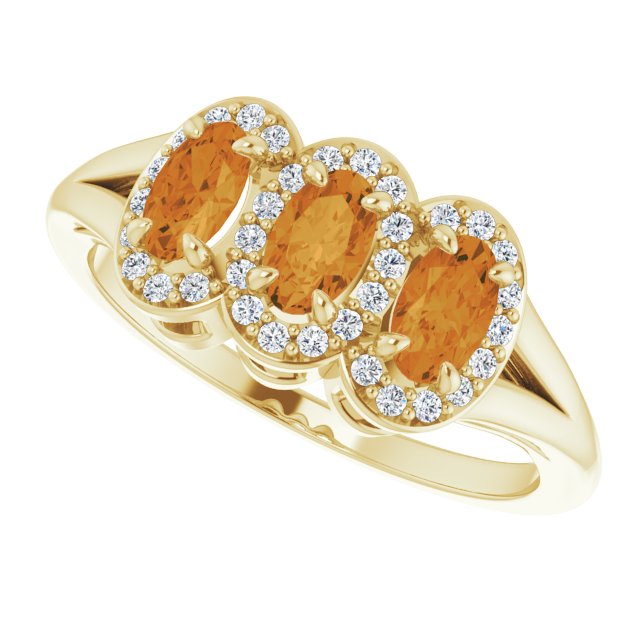 14K Gold Oval Natural Citrine & Natural Diamond Halo-Style Three-Stone Ring - Yellow Gold - view 5