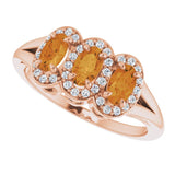 14K Gold Oval Natural Citrine & Natural Diamond Halo-Style Three-Stone Ring - Rose Gold - view 5