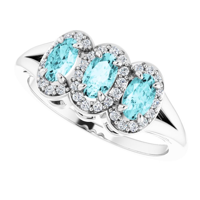 14K Gold Oval Natural Blue Zircon & Natural Diamond Halo-Style Three-Stone Ring - White Gold - view 5