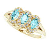 14K Gold Oval Natural Blue Zircon & Natural Diamond Halo-Style Three-Stone Ring - Yellow Gold - view 5