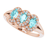 14K Gold Oval Natural Blue Zircon & Natural Diamond Halo-Style Three-Stone Ring - Rose Gold - view 5