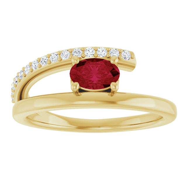 14K Gold Oval Lab-Grown Ruby & Natural Diamond Accented Bypass Ring - Yellow Gold - view 3