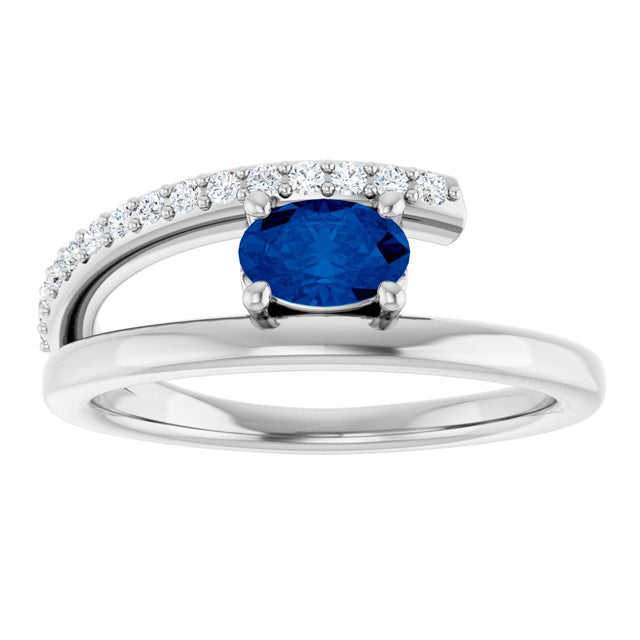 14K Gold Oval Natural Blue Sapphire & Natural Diamond Accented Bypass Ring - White Gold - view 3