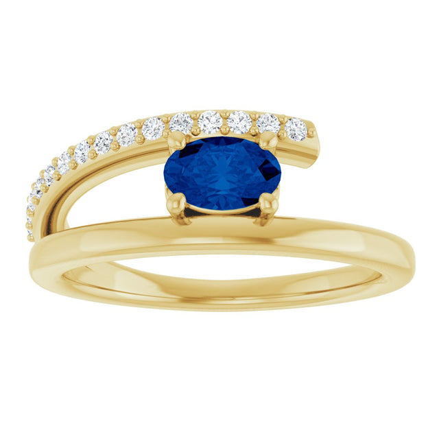 14K Gold Oval Natural Blue Sapphire & Natural Diamond Accented Bypass Ring - Yellow Gold - view 3