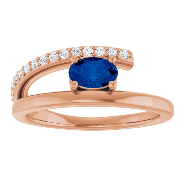 14K Gold Oval Natural Blue Sapphire & Natural Diamond Accented Bypass Ring - Rose Gold - view 3