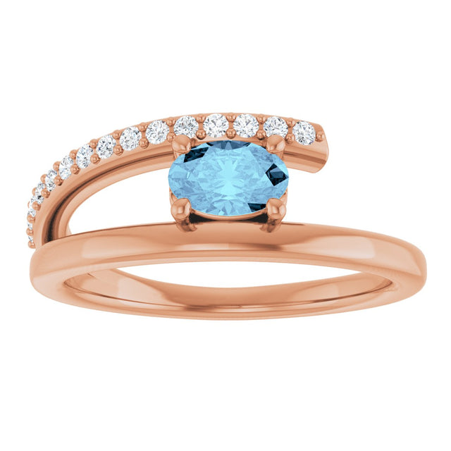 14K Gold Oval Natural Aquamarine & Natural Diamond Accented Bypass Ring - Rose Gold - view 3