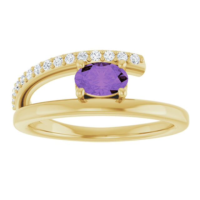 14K Gold Oval Natural Amethyst & Natural Diamond Accented Bypass Ring - Yellow Gold - view 3