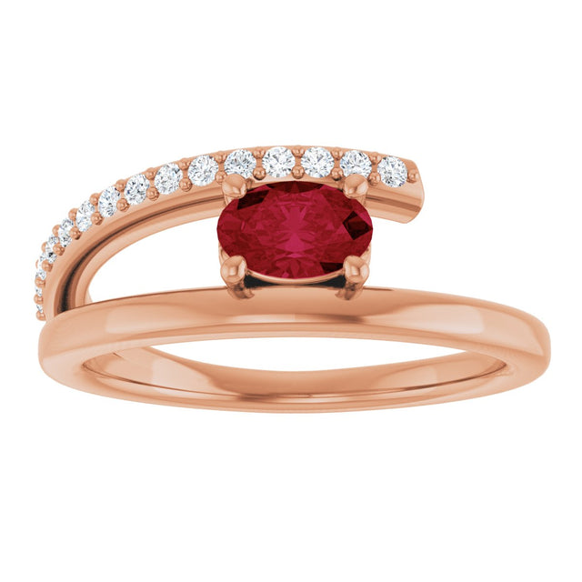 14K Gold Oval Lab-Grown Ruby & Natural Diamond Accented Bypass Ring - Rose Gold - view 3